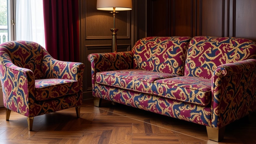 bold patterned sofas dominate interiors