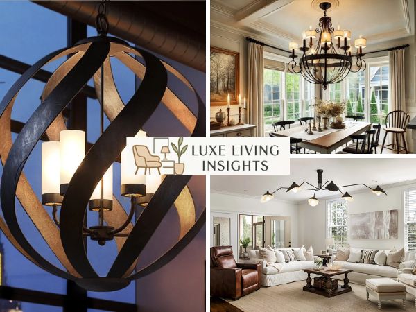 a rustic chandelier as a focal point in a high-ceiling covered patio