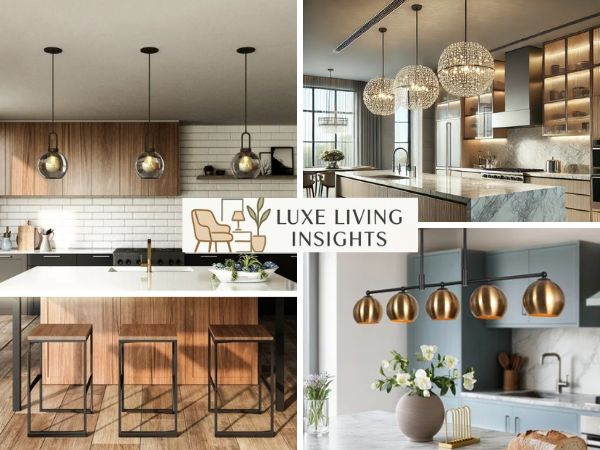 modern kitchen with 5 foot island featuring 2 brass pendant lights spaced 30 inches apart