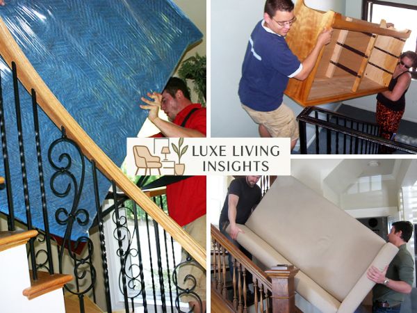 measuring narrow stair width and handrail clearance before moving sofa upstairs